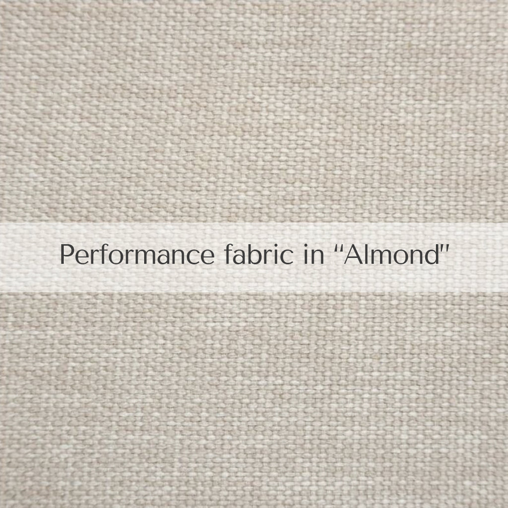 Image of performance fabric included with dorothy sofa, color is called "Almond" and is light beige.