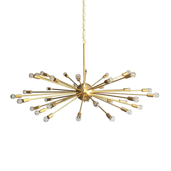 brass sputnik pendant light fixture hanging on chain with small globe light bulbs