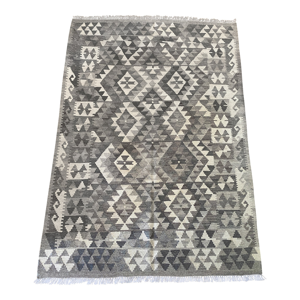 4' x 6' grey and off white geometric flatwoven accent rug 
